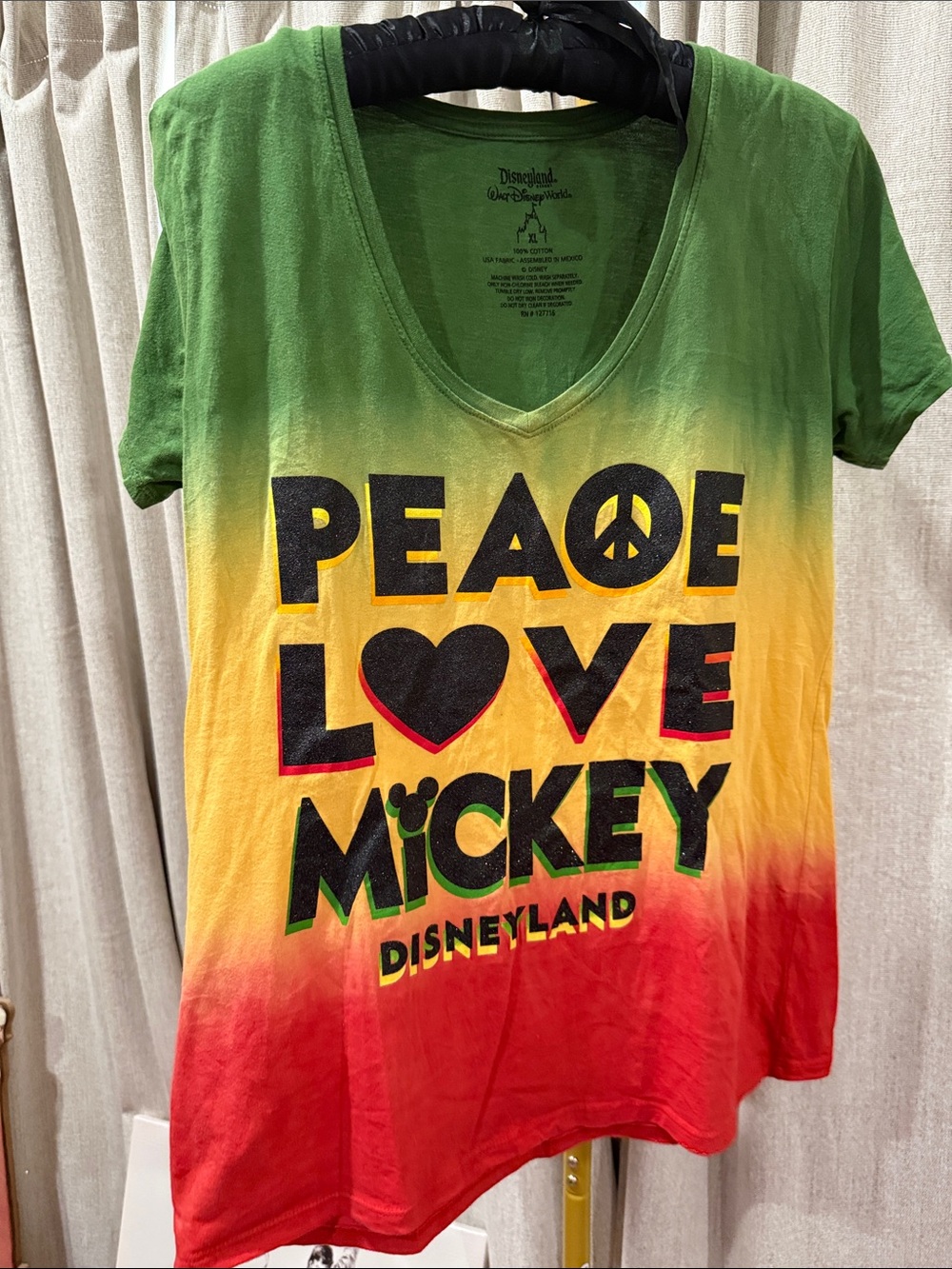 Disney Tie-Dye 'Peace Love Mickey' V-Neck Tee - Green/Yellow/Red